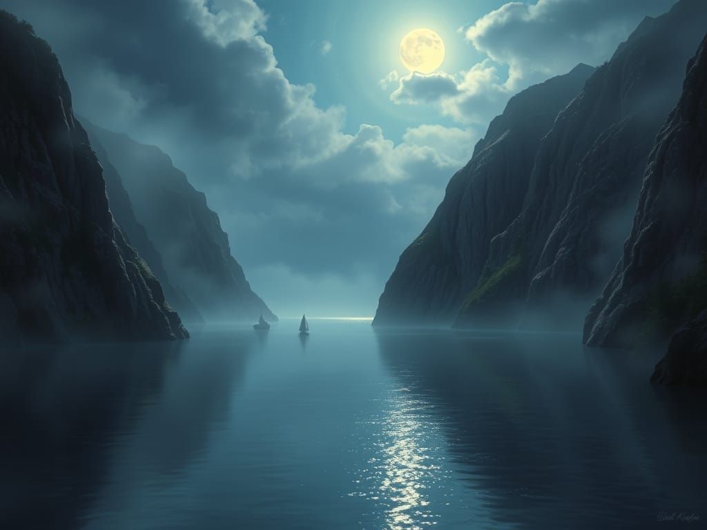 Ethereal Moonlight Fjord With Steep Cliffs