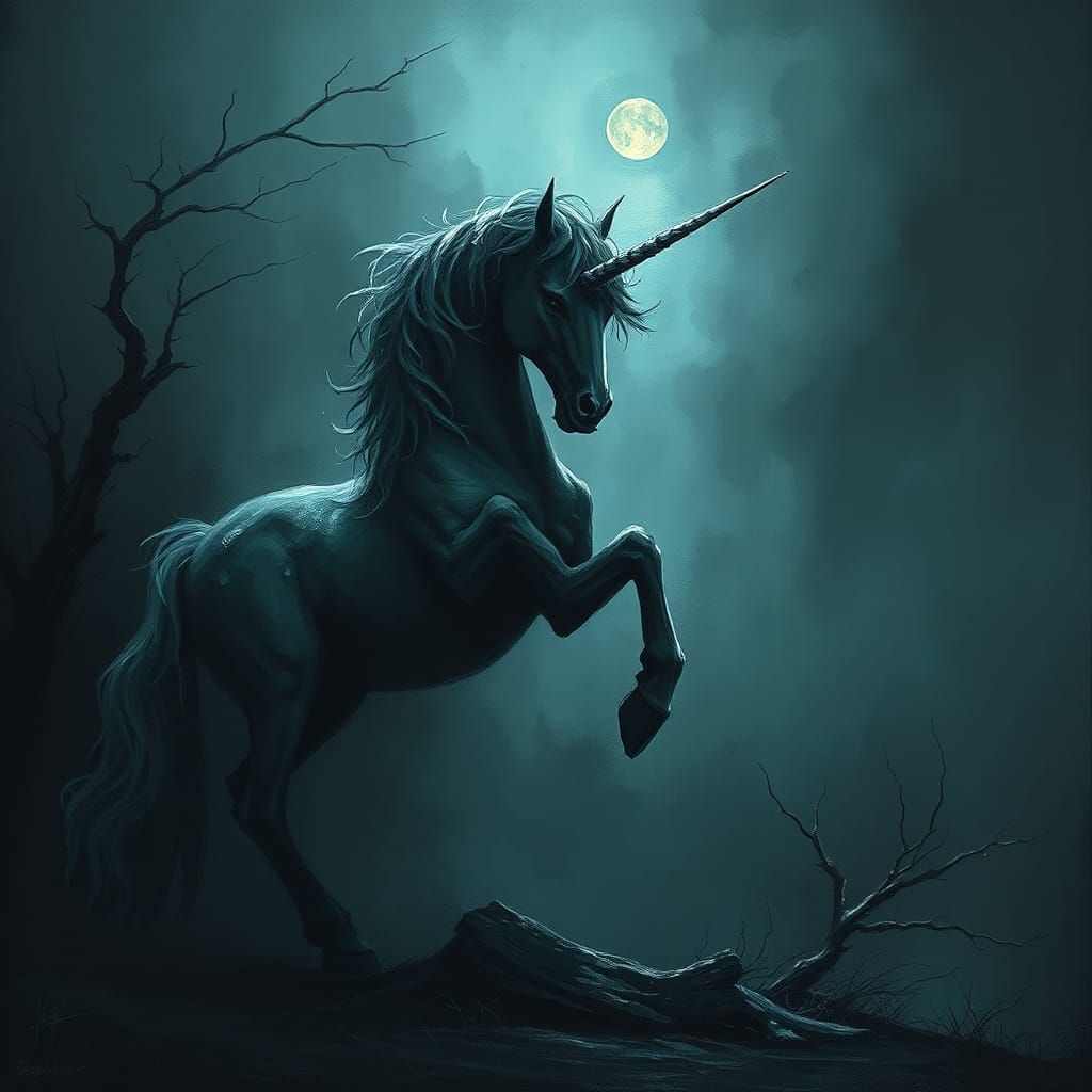 Sinister Dark Unicorn at Nightfall: A Fantasy Image