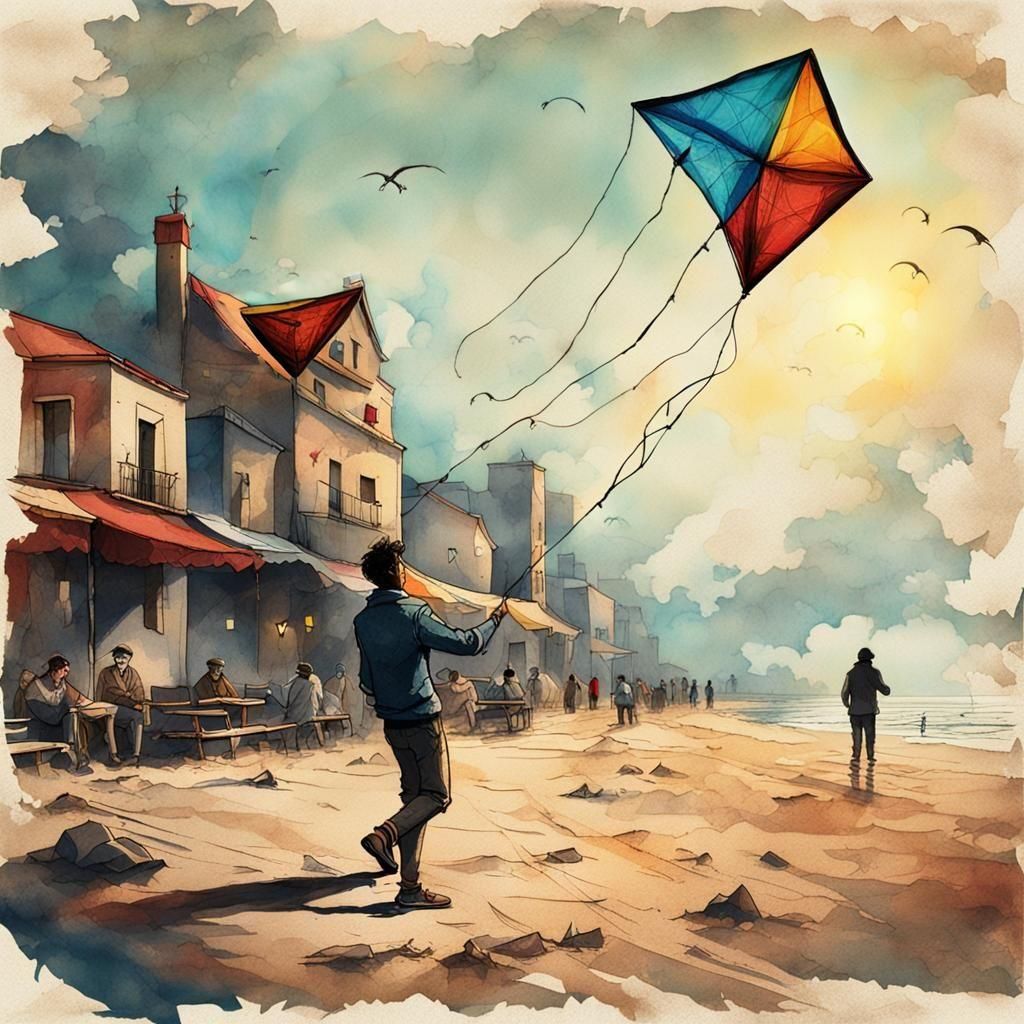 Man Flying Kite: Modern Ink Painting on Vintage Paper