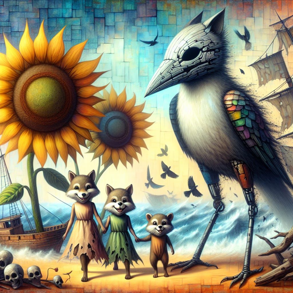 Surreal Shipwreck Landscape with Robot Sparrow in Pencil Sty...