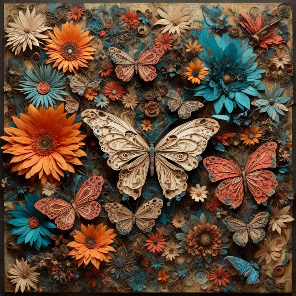 Colorful Butterfly and Flower Collage Art