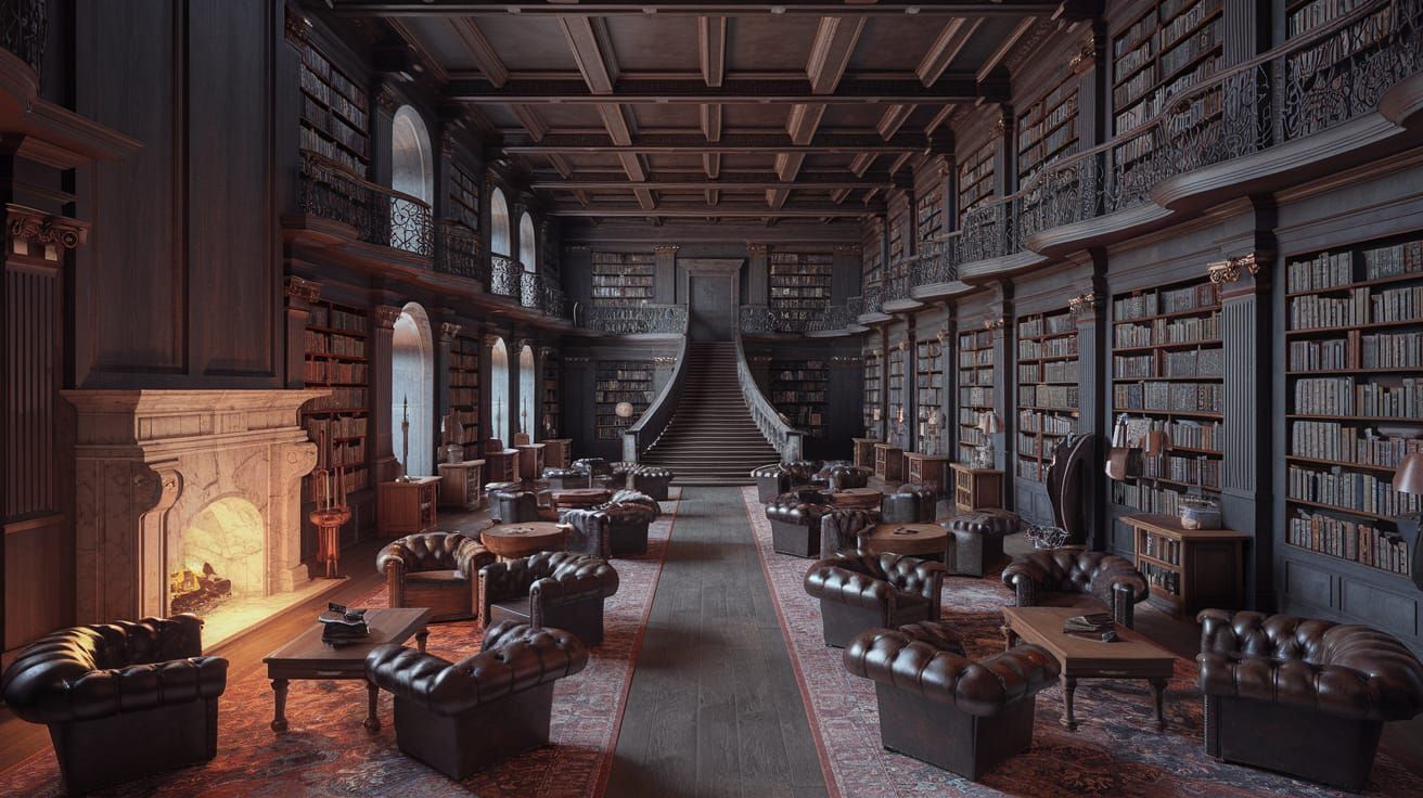 Grand Chateau Library in Dark Academia Style