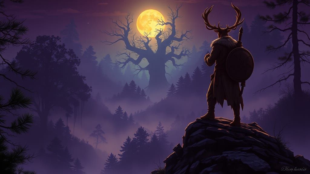 Herne the Hunter in Dark Fantasy Cliff Scene