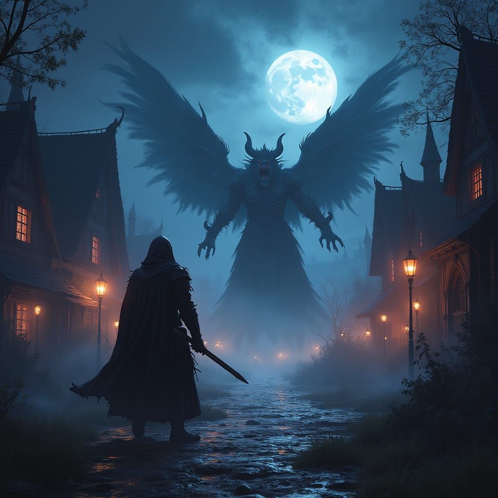 Dark Paladin Battles Fearsome Creatures in a Moonlit Village
