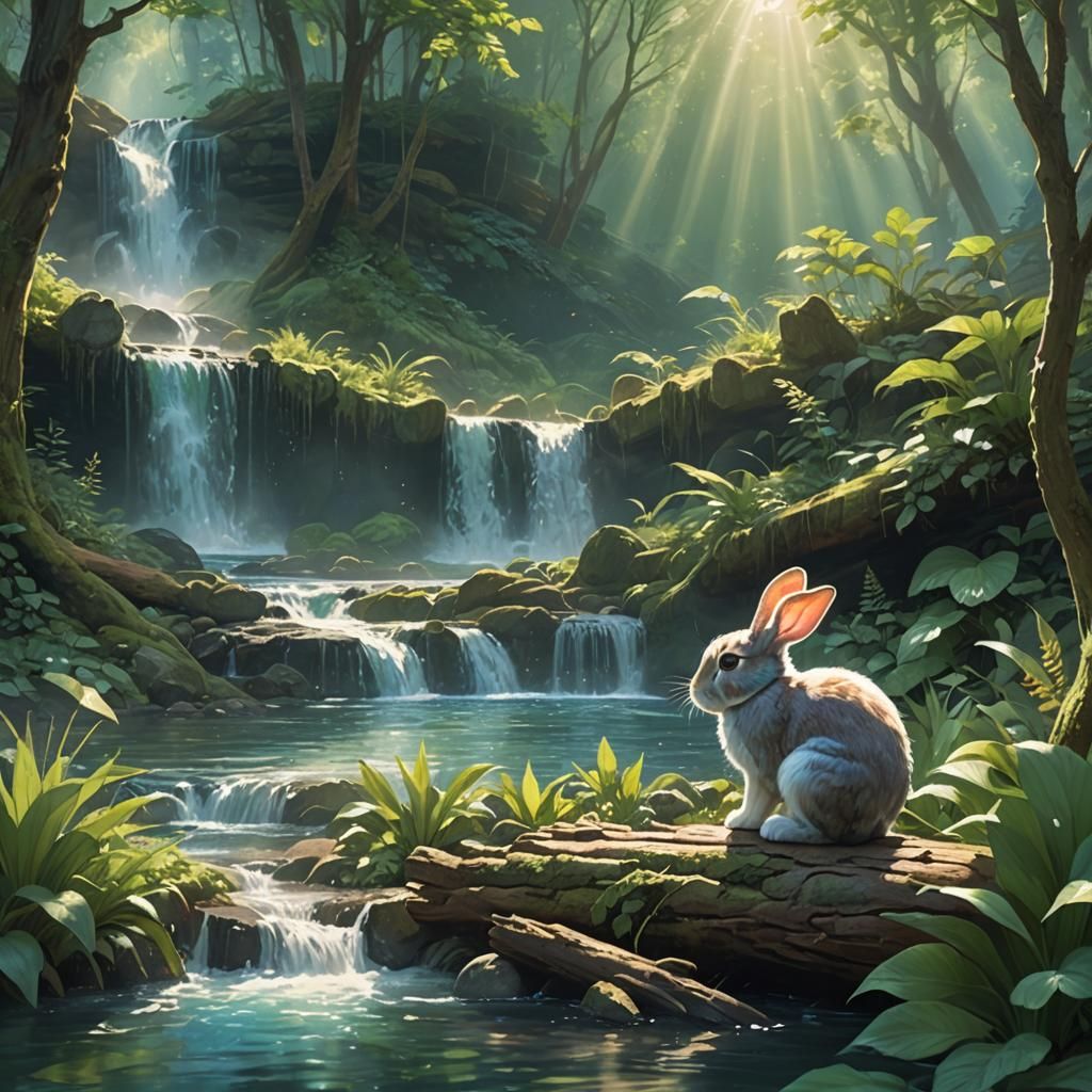 Fantasy Forest Bunny near Waterfall in 3D Painting