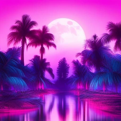 Synthwave Beach with Pink and Purple Palm Trees