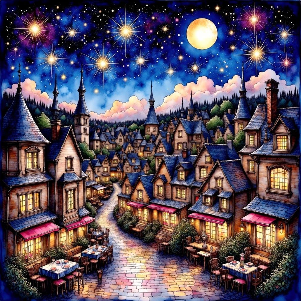 Fantasy Renaissance Town Under Starry Night Sky