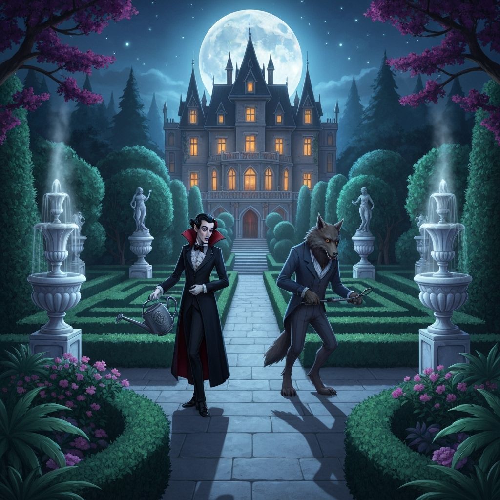 Gothic Vampire & Werewolf Tending Moonlit Garden