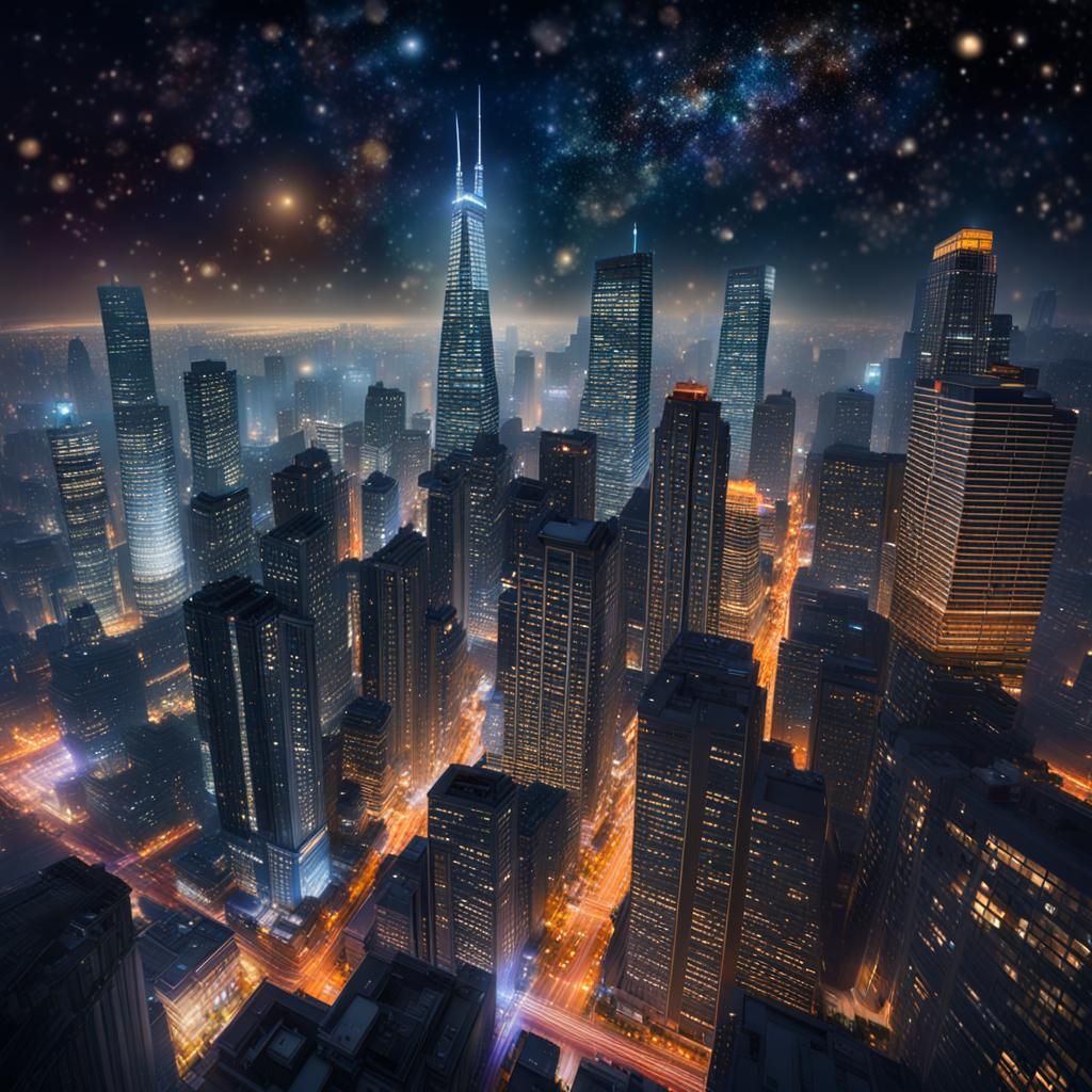 Hyperrealistic Night Cityscape Under Starry Sky
