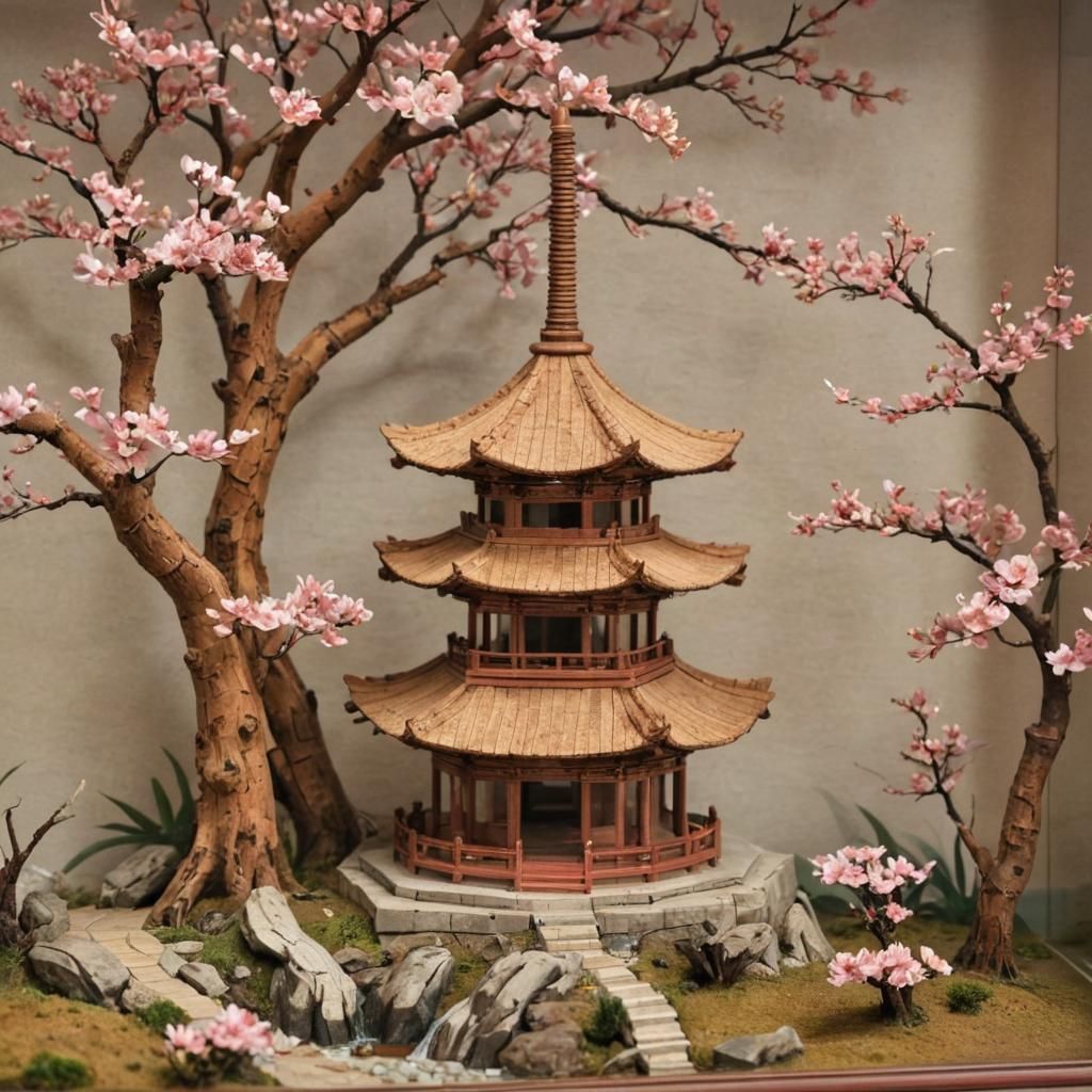 Chinese Cork Diorama: Pagoda and Cherry Blossoms