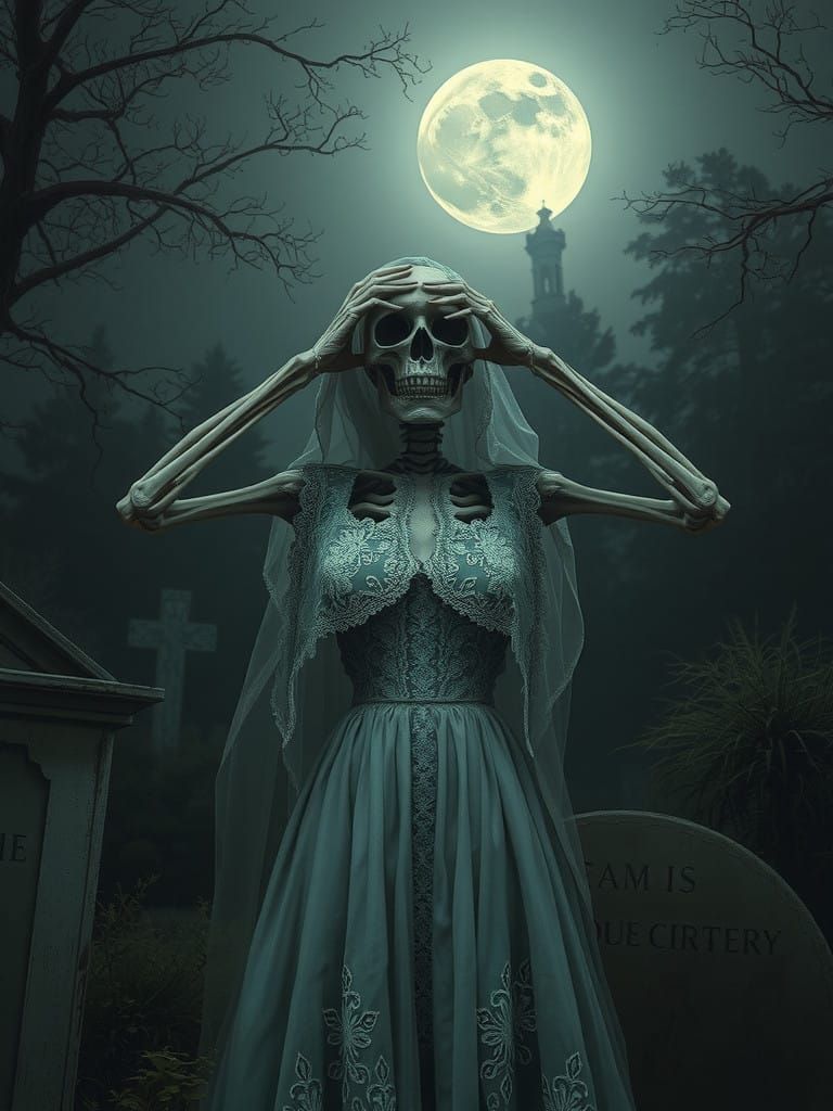 Skeleton Bride in Dark Cemetery