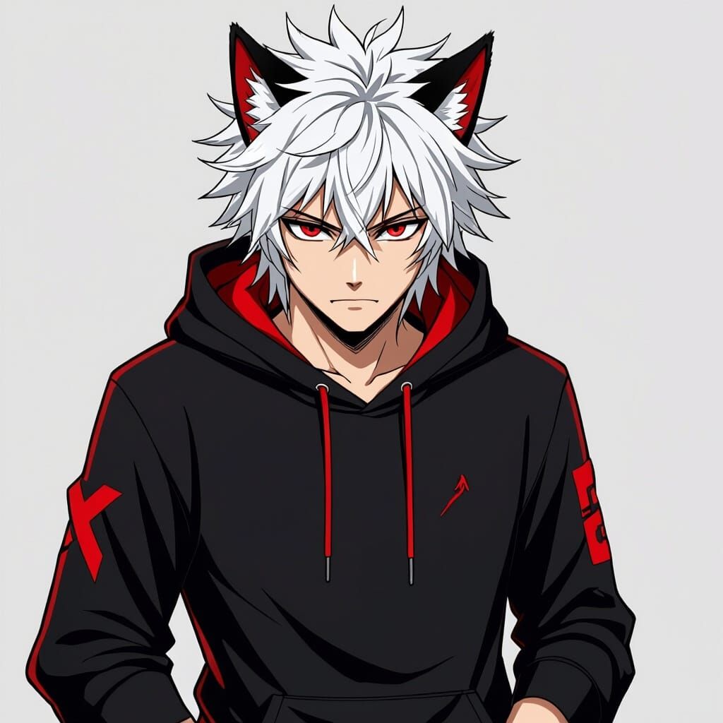 Anime Wolf Character with Red and Black Hoodie