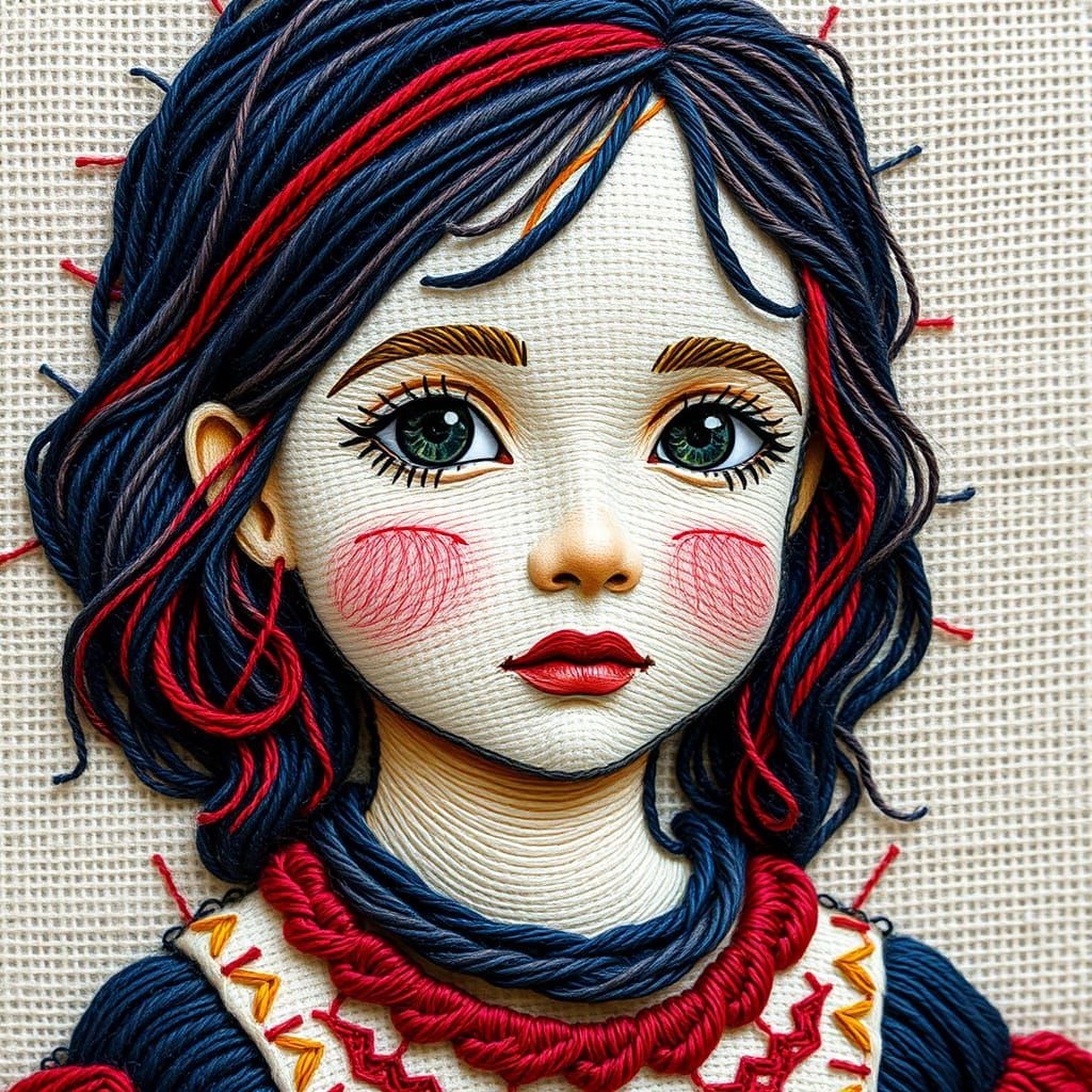 Embroidered Girl Portrait in Folk Art Style