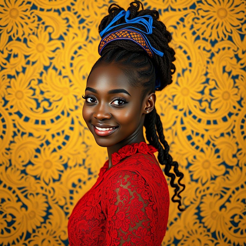 Malian Woman in Vibrant Floral Attire with Delicate Lace Pat...
