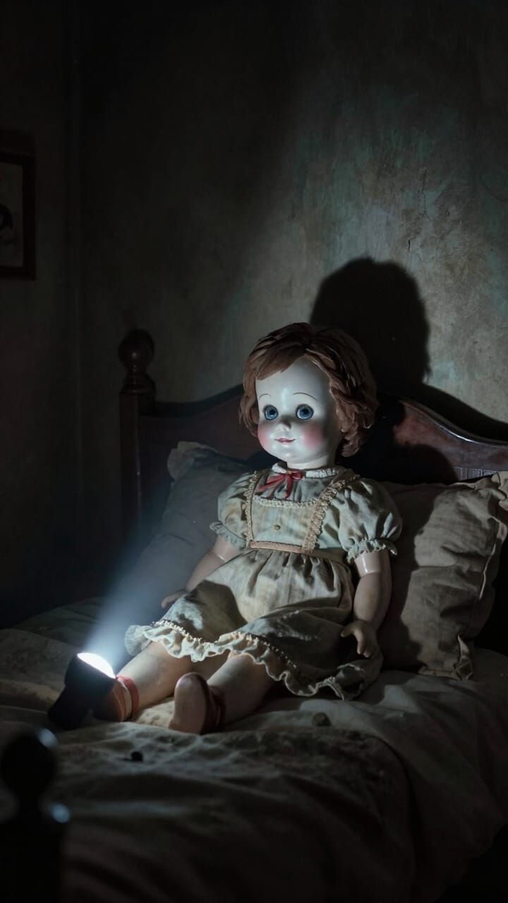 Cinematic Horror: Eerie Doll in Dim Bedroom