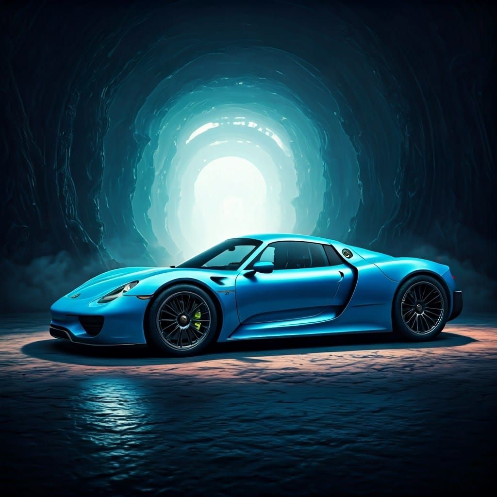 Ethereal Metallic Blue Porsche 918 in Dreamlike Realm