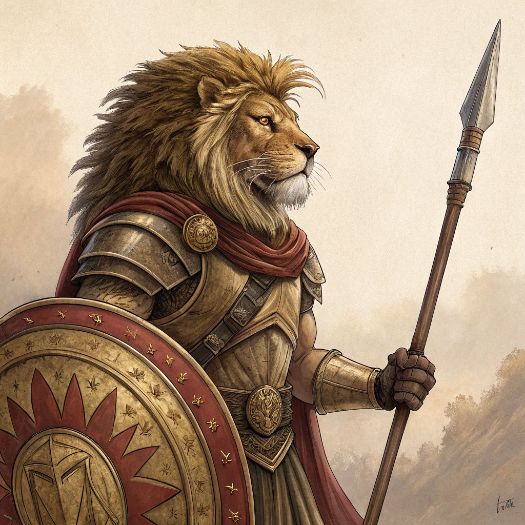 Lion Warrior in Spartan Armor: Mythical Grandeur