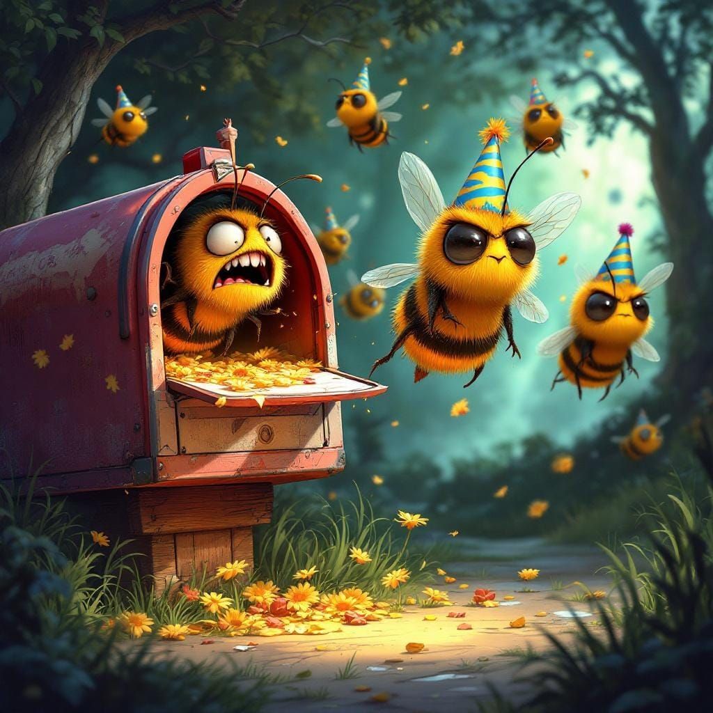 Angry Bees in Party Hats Emerge from Mailbox