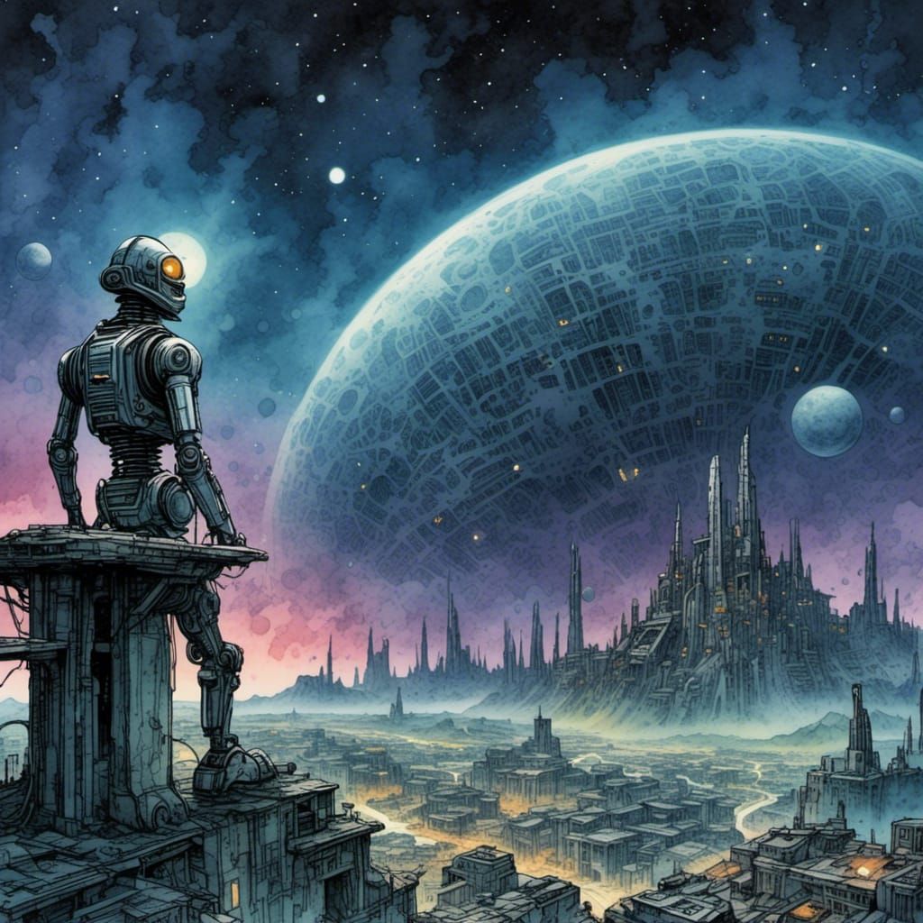 Celestial Robot Spaceport in Watercolor Comic Style