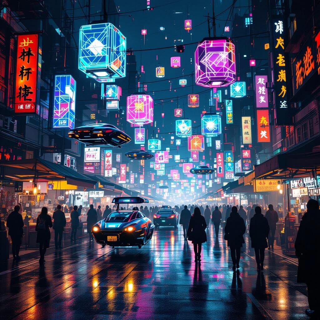 Cyberpunk Night Market with Neon Reflections