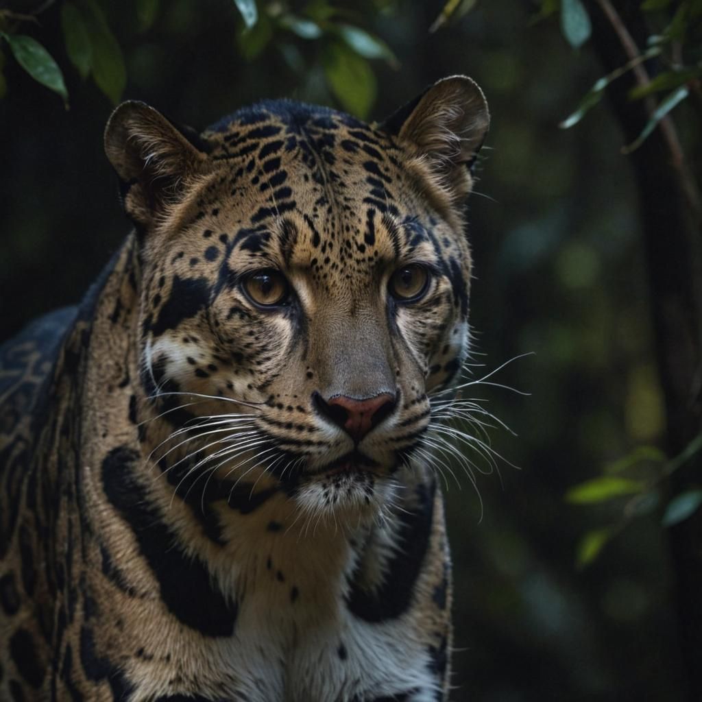 Clouded Leopard with Human Face in Moonlight