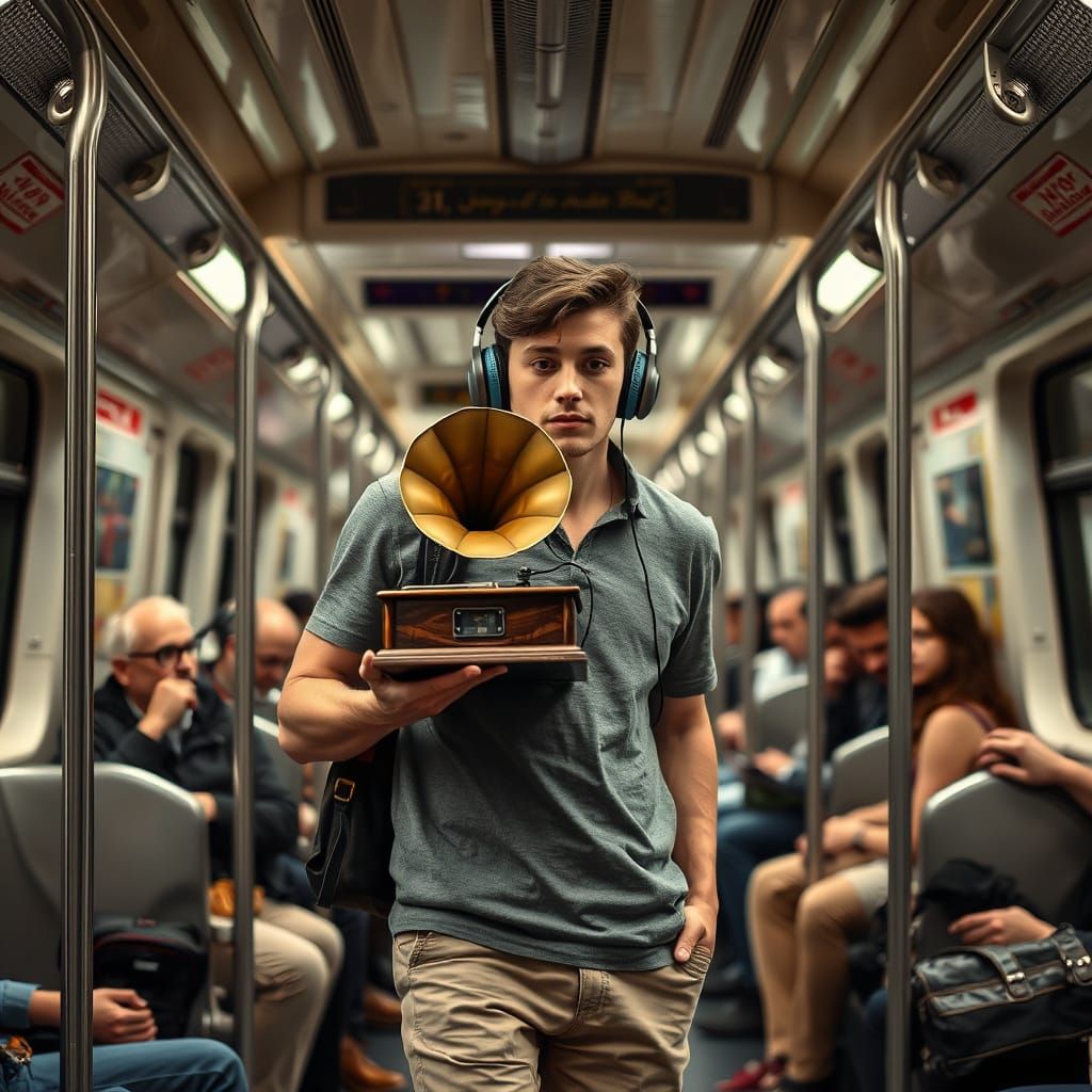Man Escapes into Vinyl Music on an Empty Tube