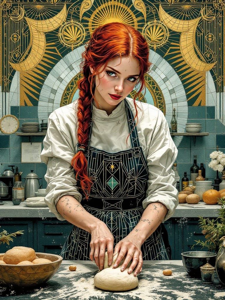 Cosmic Baker Birthing Light in Art Deco Style