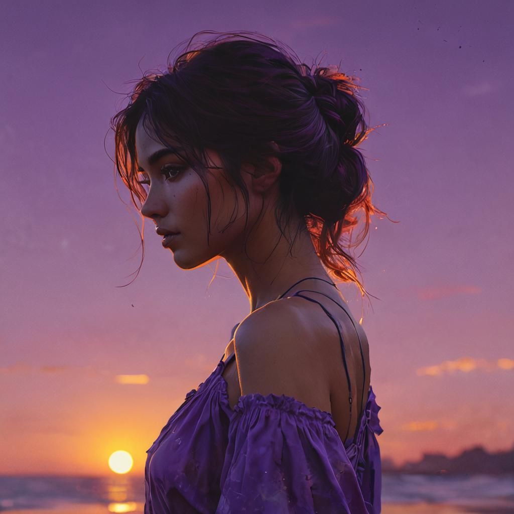 Silhouette Girl at Dusk in Watercolor Art Deco Style