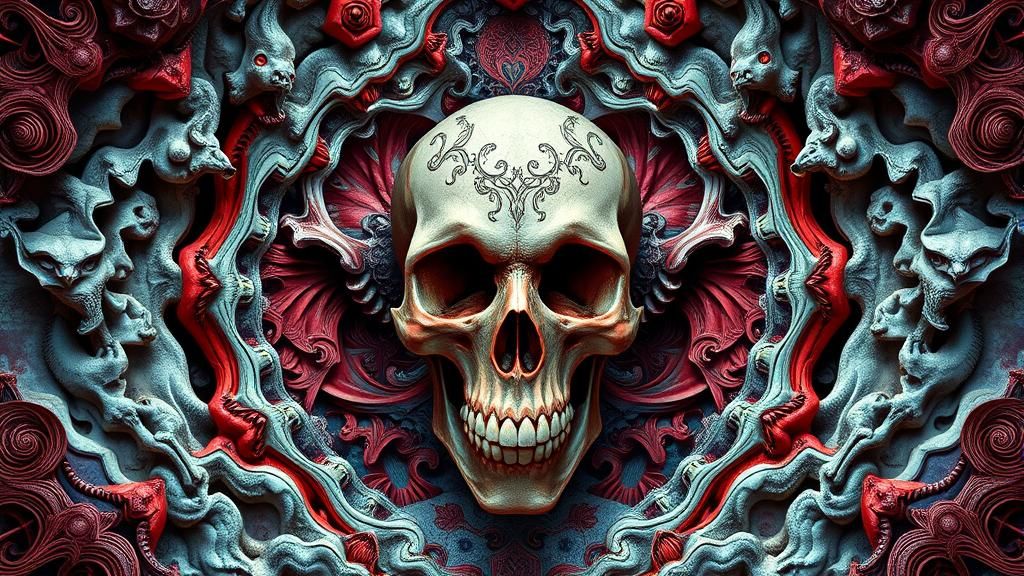 Surreal Skull Portrait in Mirror with Fractal Elements