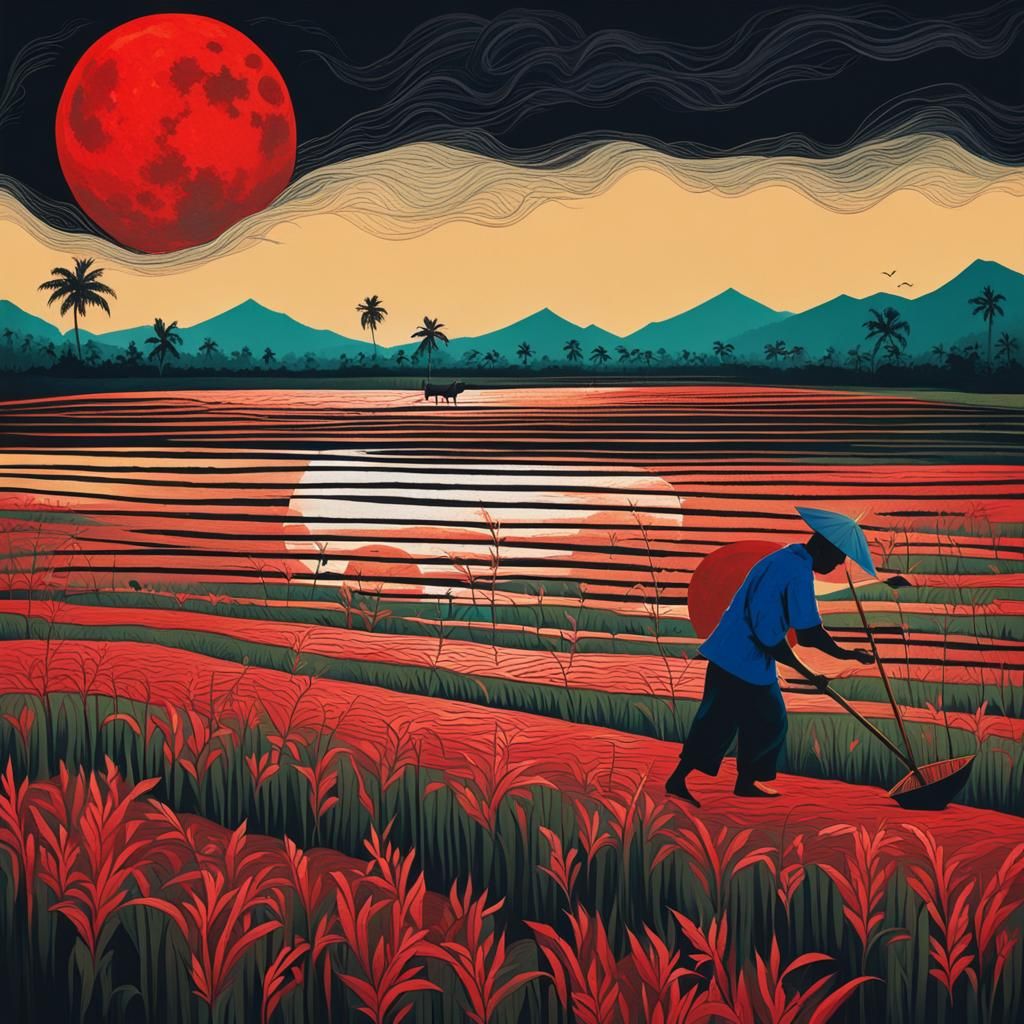 Abstract Red Moon Harvest in Rice Field