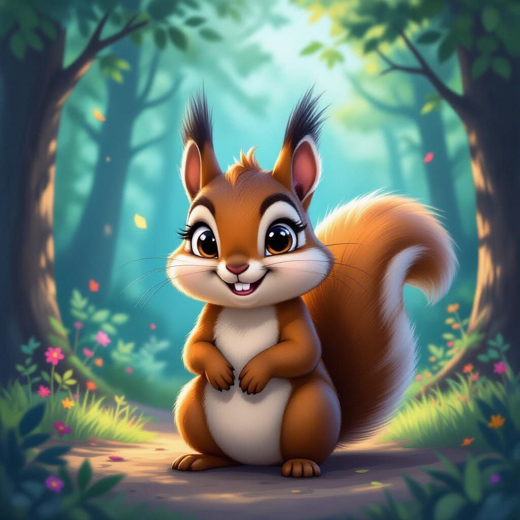 Smiling Squirrel in Mysterious Forest, Whimsical Art