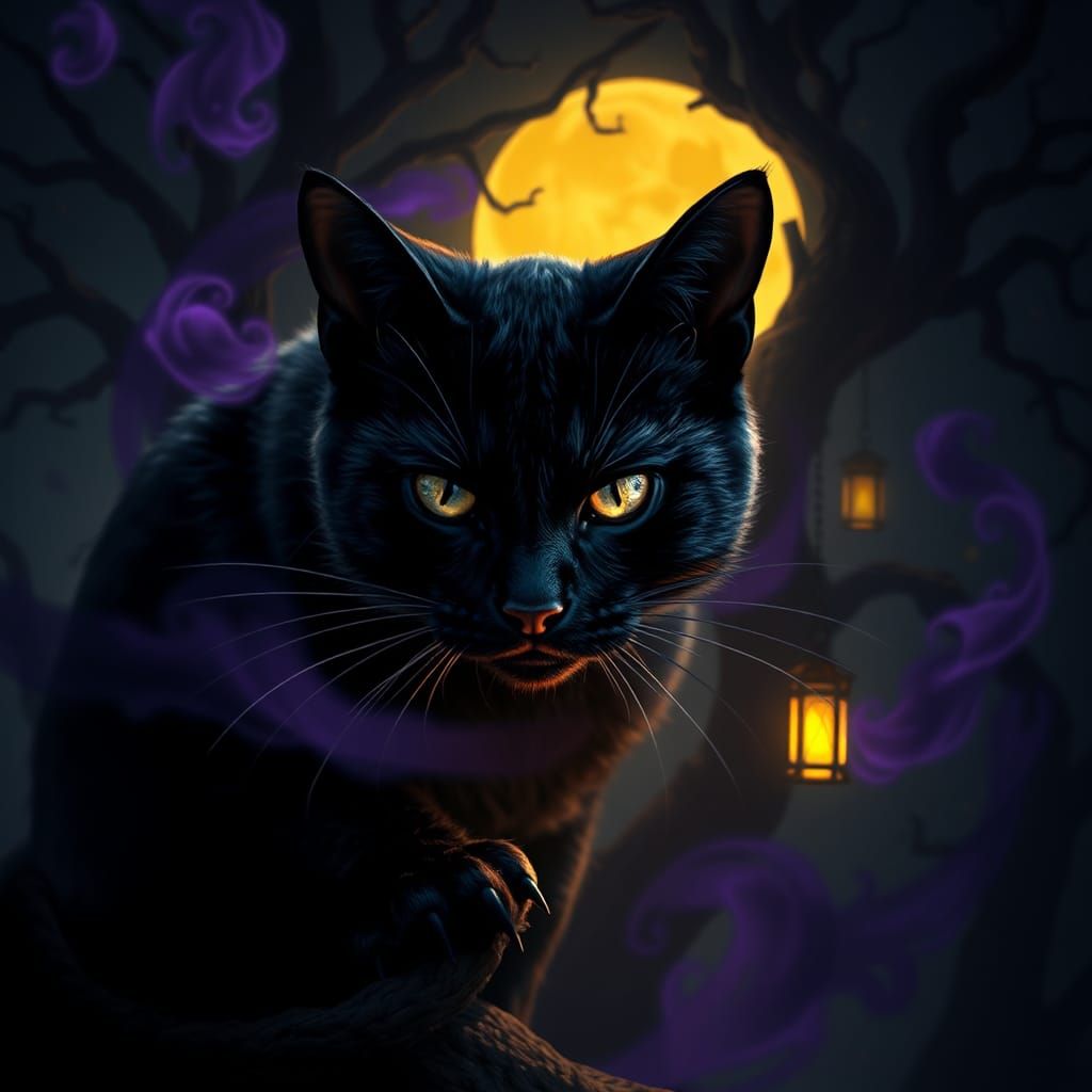 Mystical Black Cat in Dark Fantasy Realm