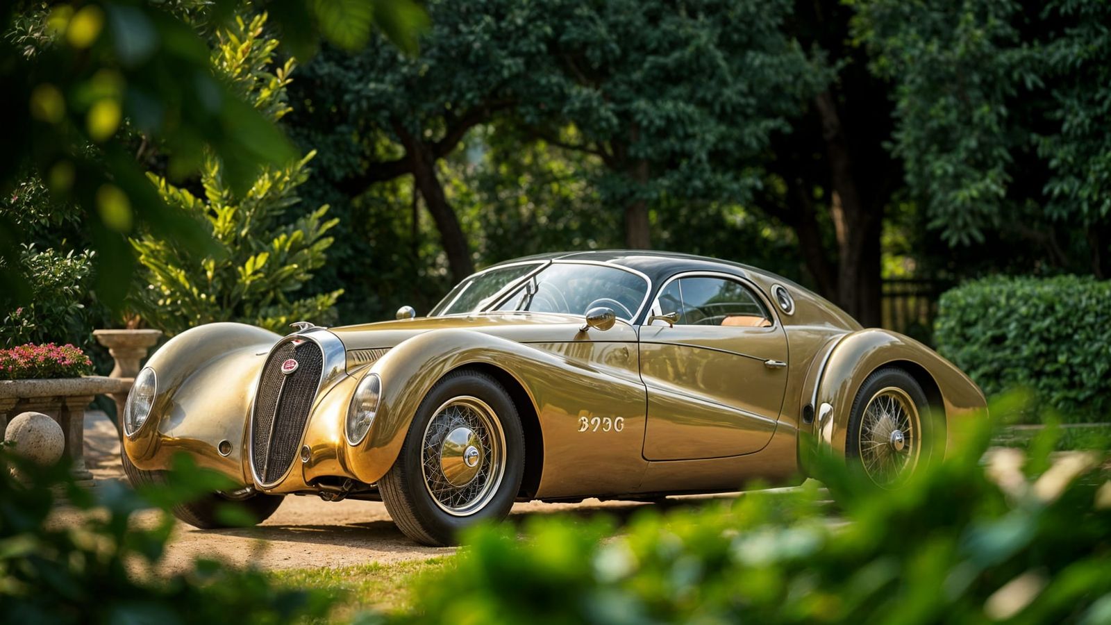 Luxurious 1939 Metallic Bugatti T41 Coupé in Elegant Garden ...