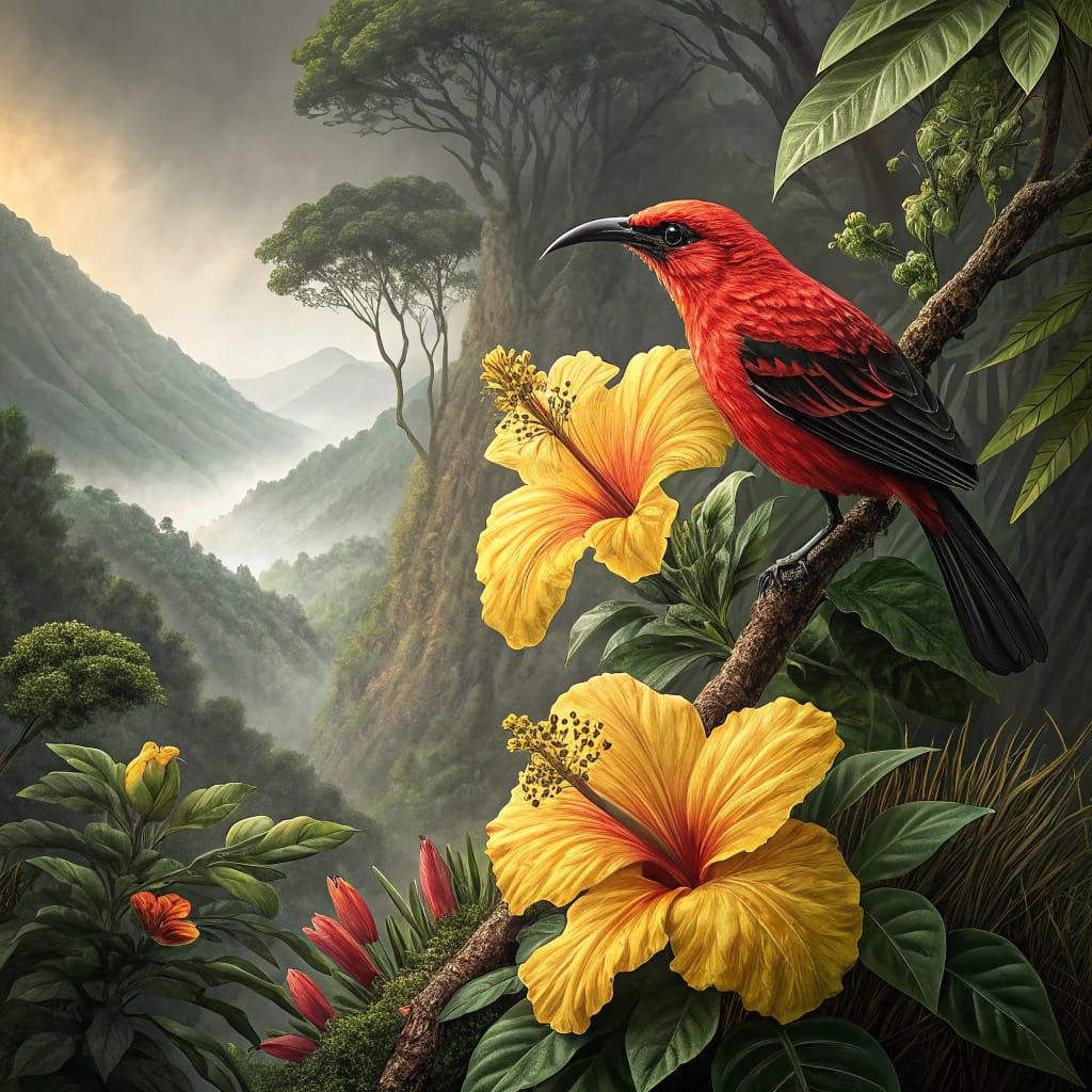 Hawaiian Scarlet Honeycreeper Amidst Vibrant Yellow Hibiscus