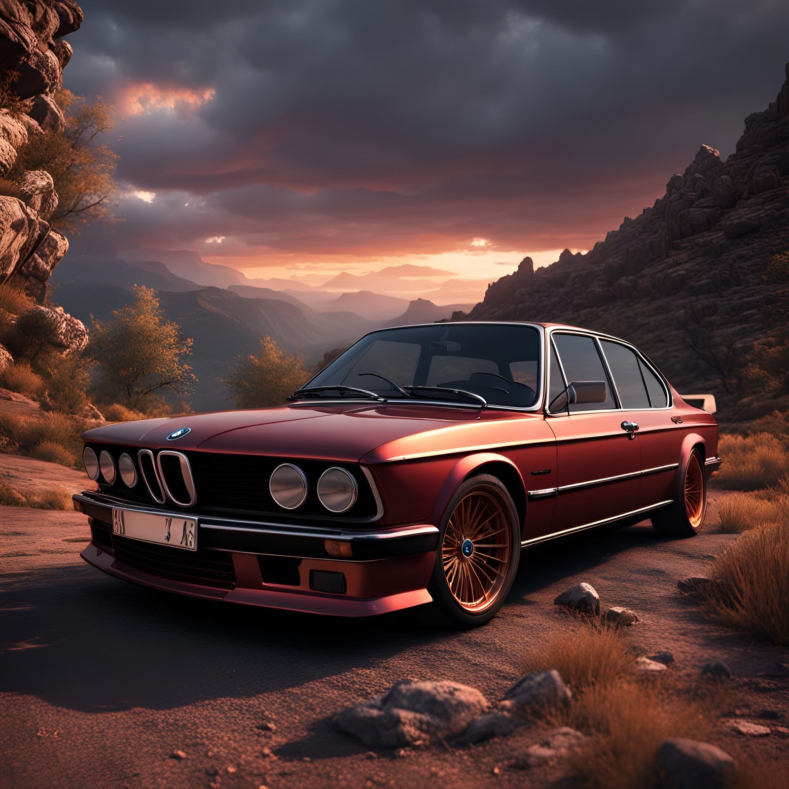 BMW on Mountain Road at Sunset: Hyperrealistic Art