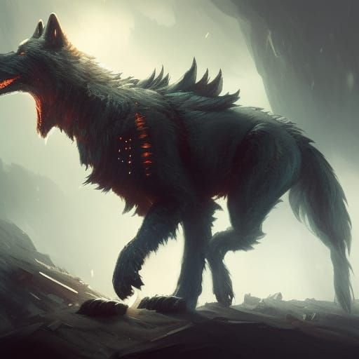 Fiery Armored Wolf in Dark Fantasy Style