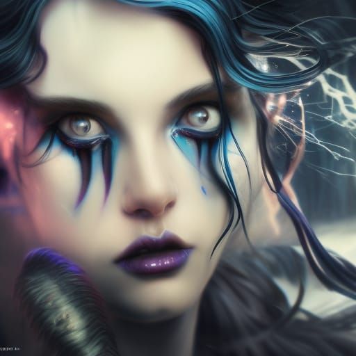 Ethereal Gothic Young lady with witchy vibes and Wiccan vibes and Cobalt blue hair and Black eyeshadow and cobalt blue e...