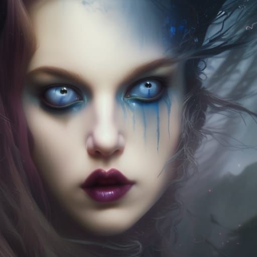 Ethereal Gothic Young lady with witchy vibes and Wiccan vibes and Cobalt blue hair and Black eyeshadow and cobalt blue e...
