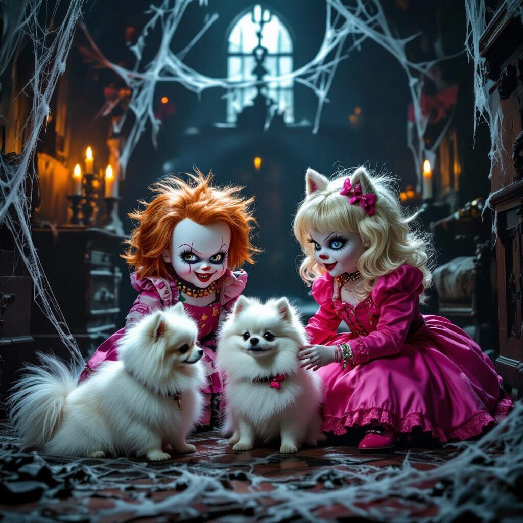 Chucky & Tiffany with Pomeranians in Haunted House