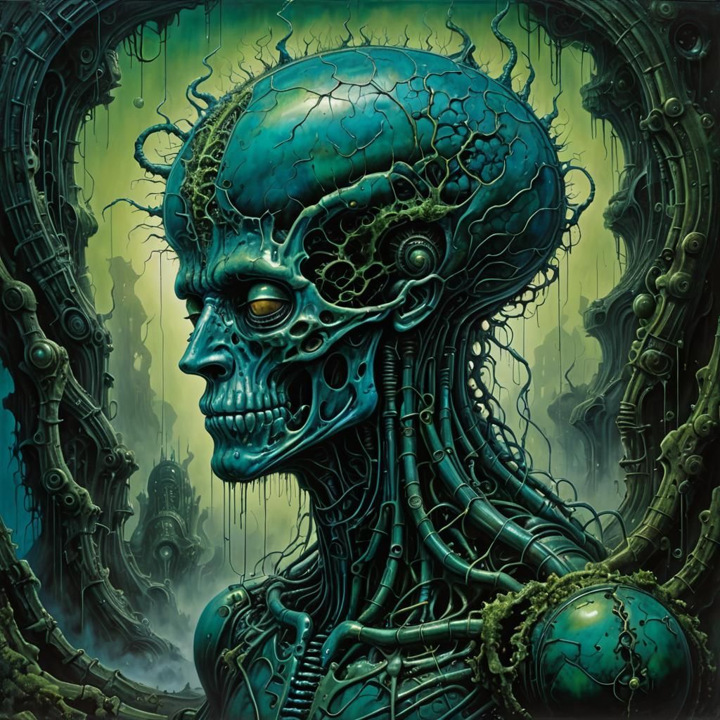 Biomechanical Cerebral Cortex in Dark Oil Painting