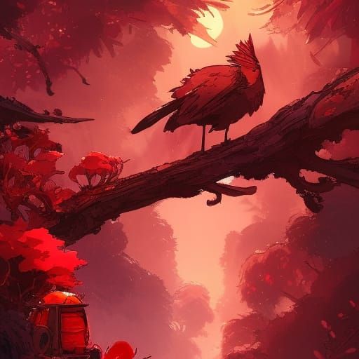 Hyperdetailed Red Trees with Crows in Matte Painting
