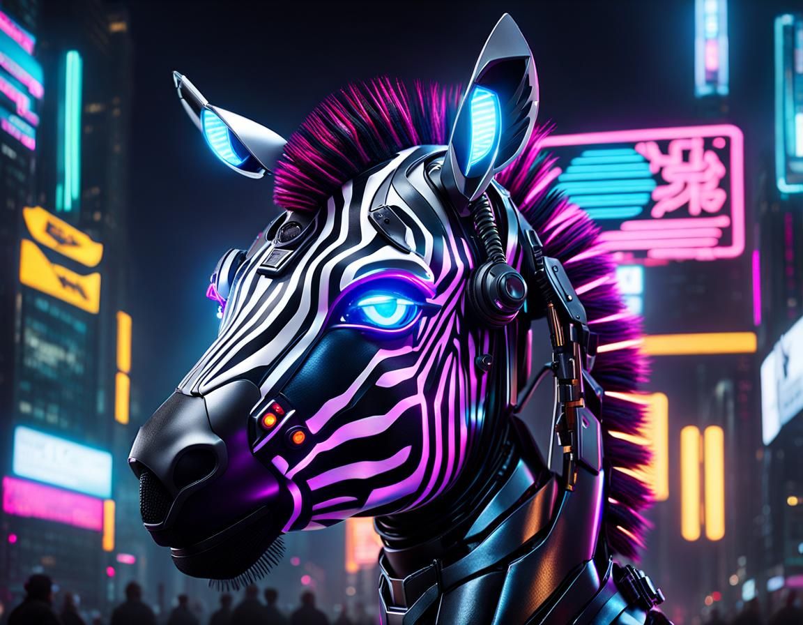 Cyberpunk Zebra Cyborg Portrait in Neon City