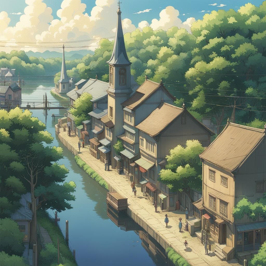 River Town Church in Studio Ghibli Anime Style