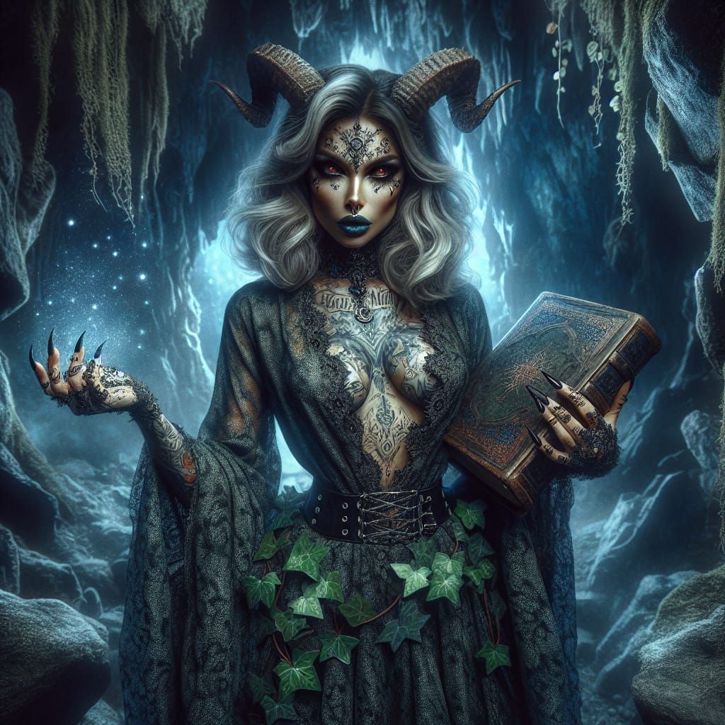 Mystical Demon Witch Portrait in Dark Fantasy Cavern