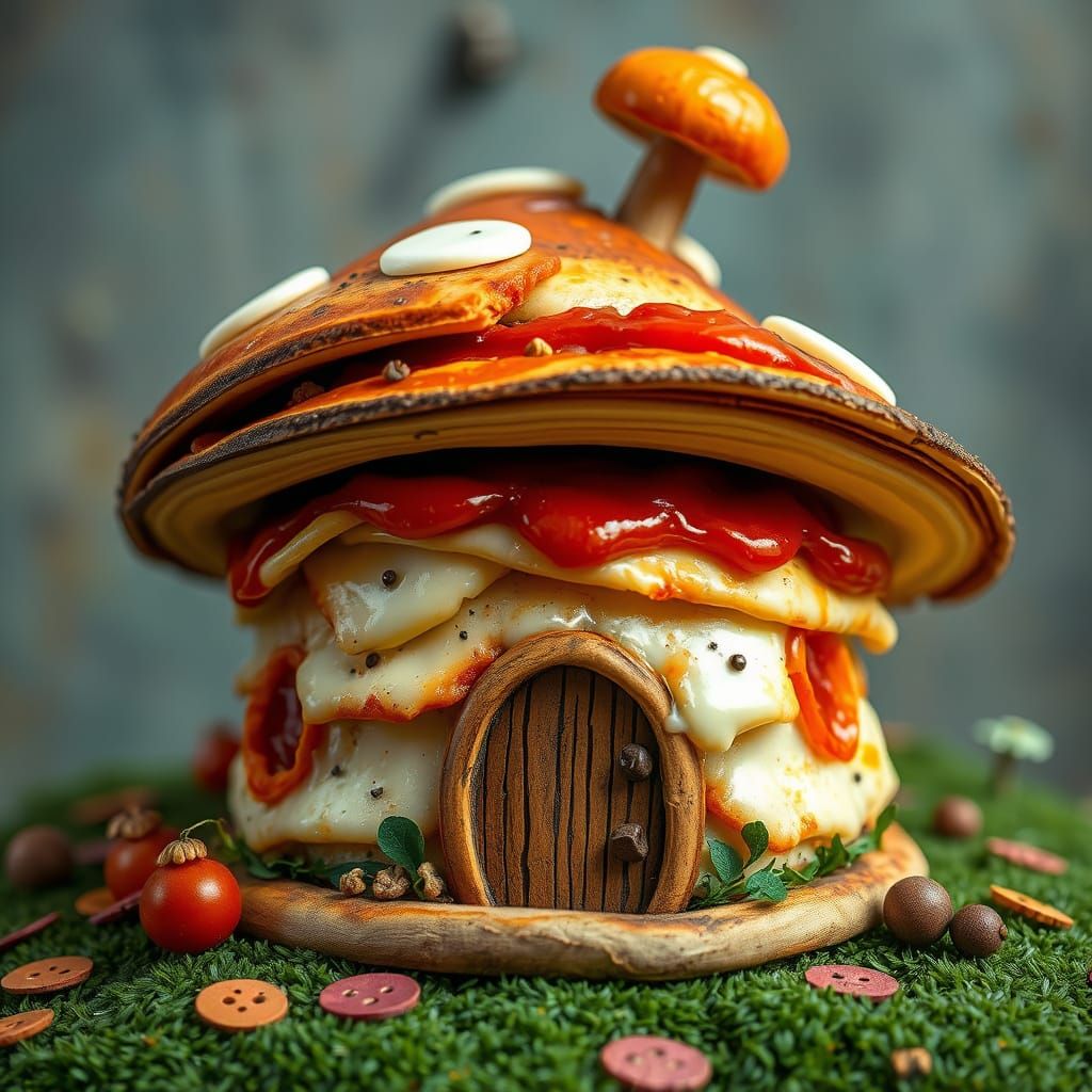 Pizza Mushroom House in Whimsical Fantasy Style