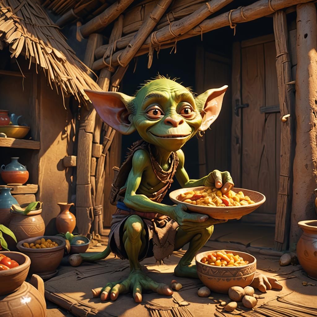 Mischievous Goblin Stealing Food: 3D Anime Art