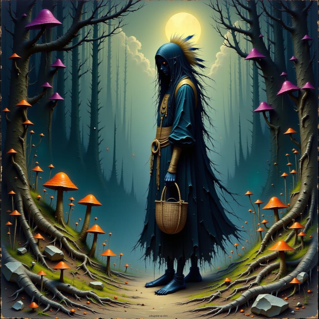 Ohlone Figure in Moonlit Forest, Surreal Digital Art
