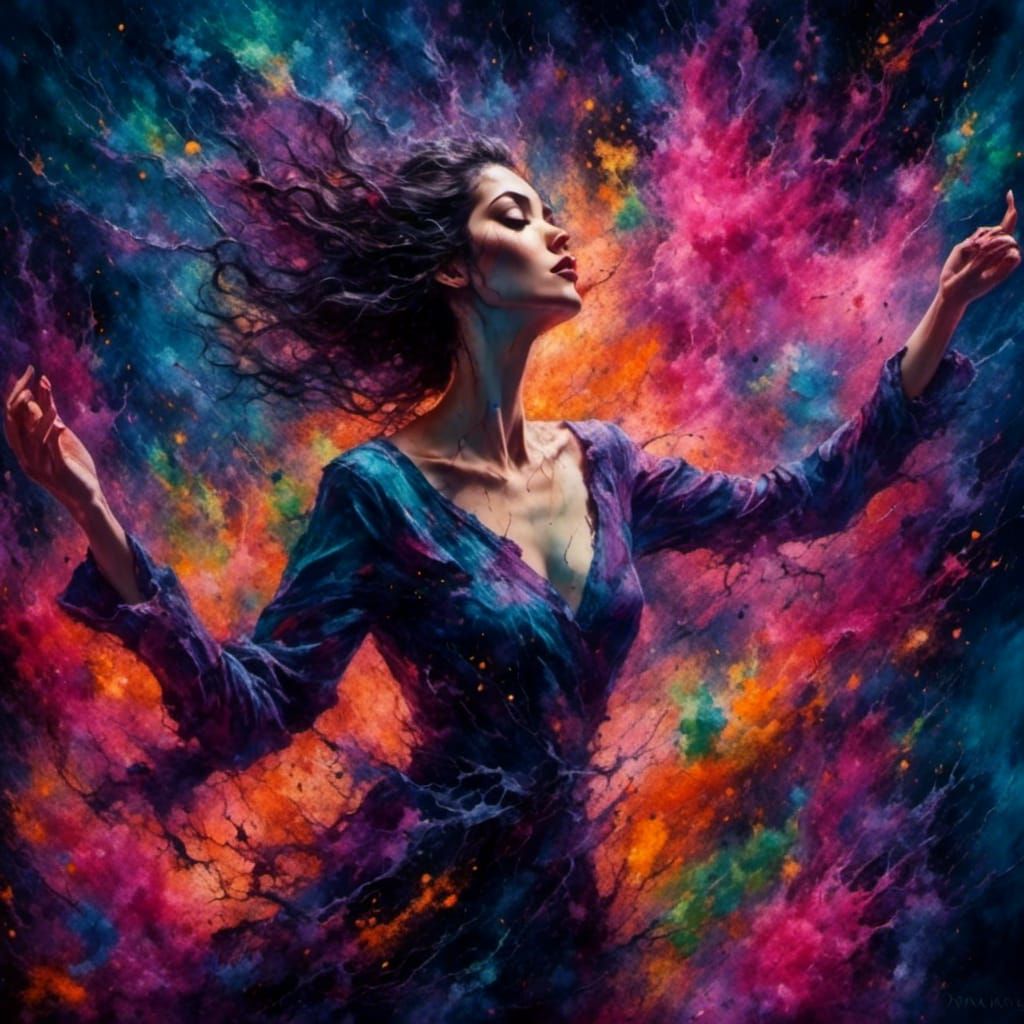 Dancing Figure in Surrealist Oil Painting with Fireworks