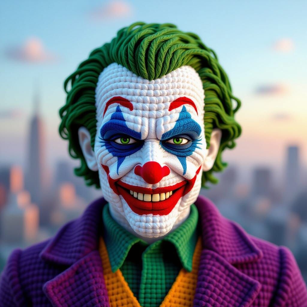 Hyperrealistic Crochet Joker in Cityscape