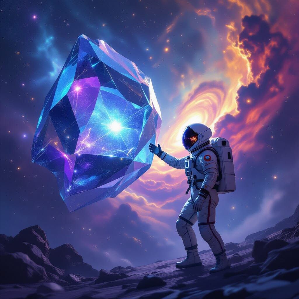 Astronaut Reaching for Crystal Planet in Nebula
